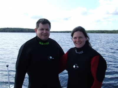 The Wreck Hunter and the Wreck Huntress in Liscomb prior to a scallop dive.