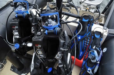 Our dive gear set up at the stern of our Zodiac and ready to use.