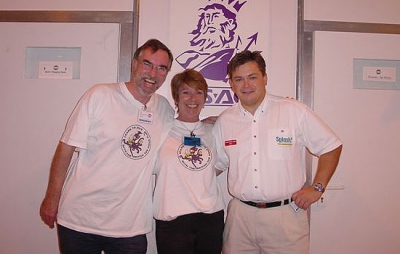 Members of the 1996 expedition to St. Pauls Island, Jack Bird, Lizzie Bird and Terry Dwyer at the BSAC Show in London, England. 