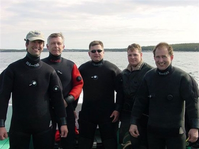 Blair Christian, Doug Carmichael, Terry Dwyer, Sam Millett and Derek King after a dive on the shipwreck 